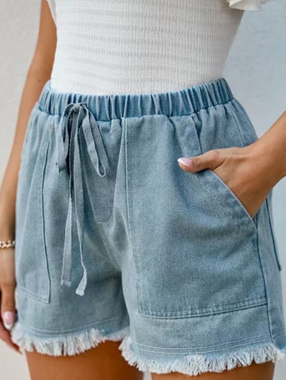 CUPSHE Light Blue Denim Drawstring Frayed-Hem High Rise Shorts